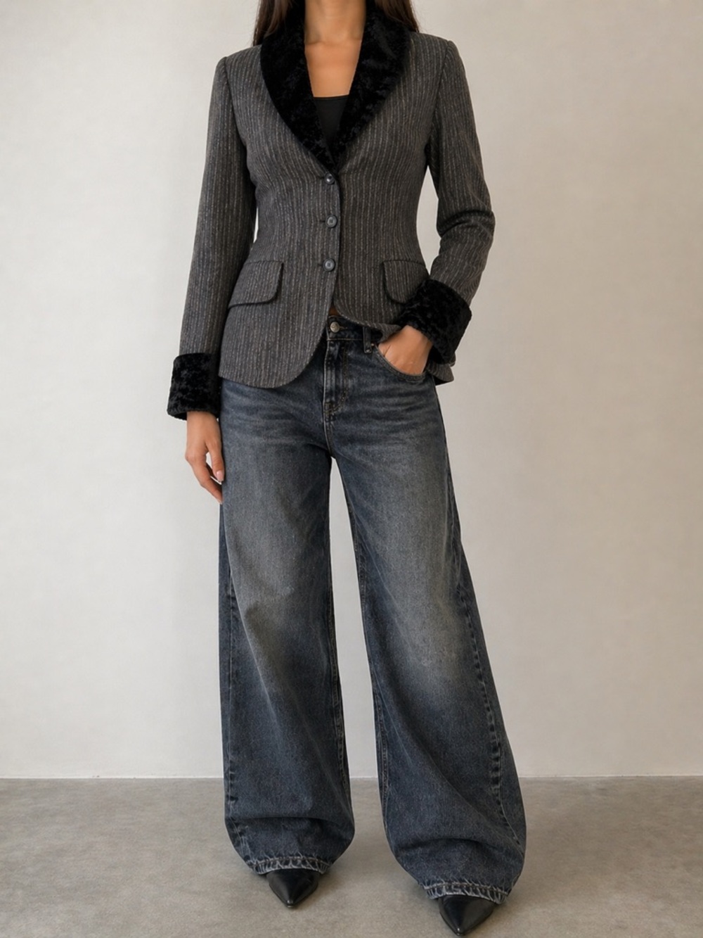 Kenzo Gray Striped Blazer with Black Faux Fur
